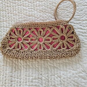 Mud Pie Natural and Pink Floral Crochet Wristlet